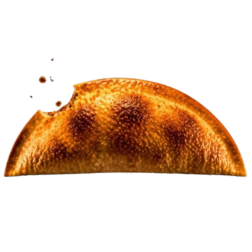 Mendoza Braised Wagyu Empanada Half-eaten pizza slice with charred edges on a transparent background