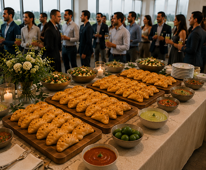 Event Pack with handmade Latin empanadas beautifully arranged on a catering tray for corporate events, weddings, and special occasions.